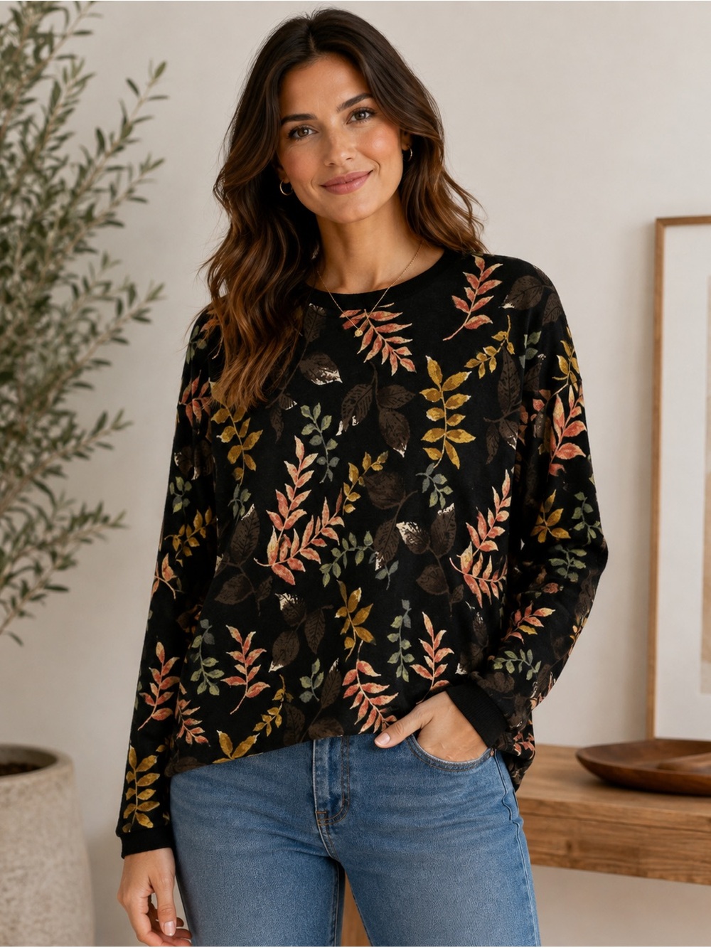 Women's Black Crewneck Sweater with Multicolor Leaf Print